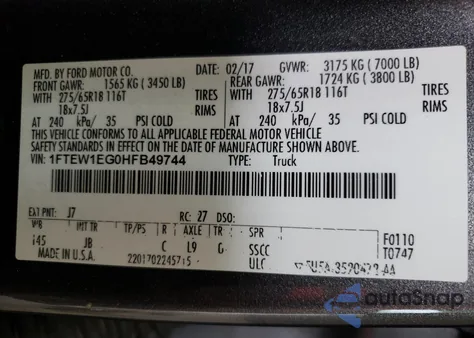 2017 Ford F150 Supercrew z USA, uszkodzony, nr VIN 1FTEW1EG0HFB49744